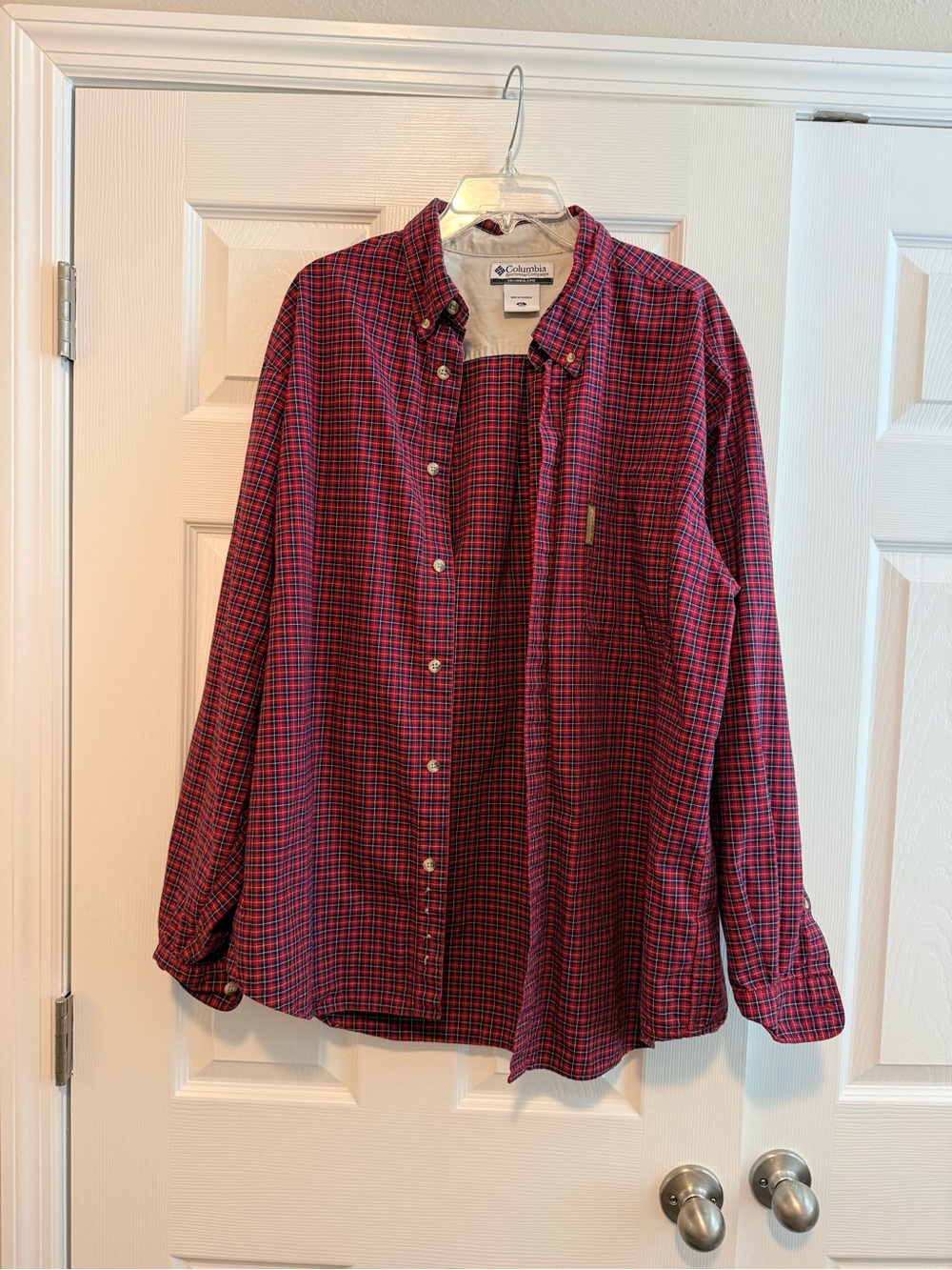 Columbia Men's Red and Blue Plaid Button-Down Shirt